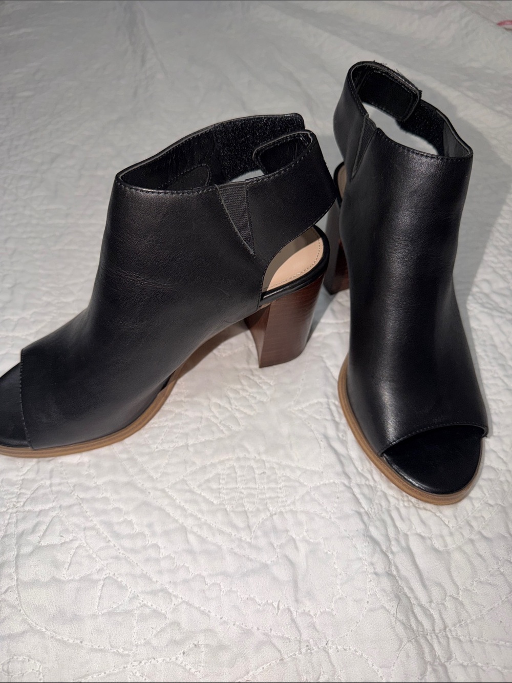 Women's Black Open-Toe Block Heel Booties